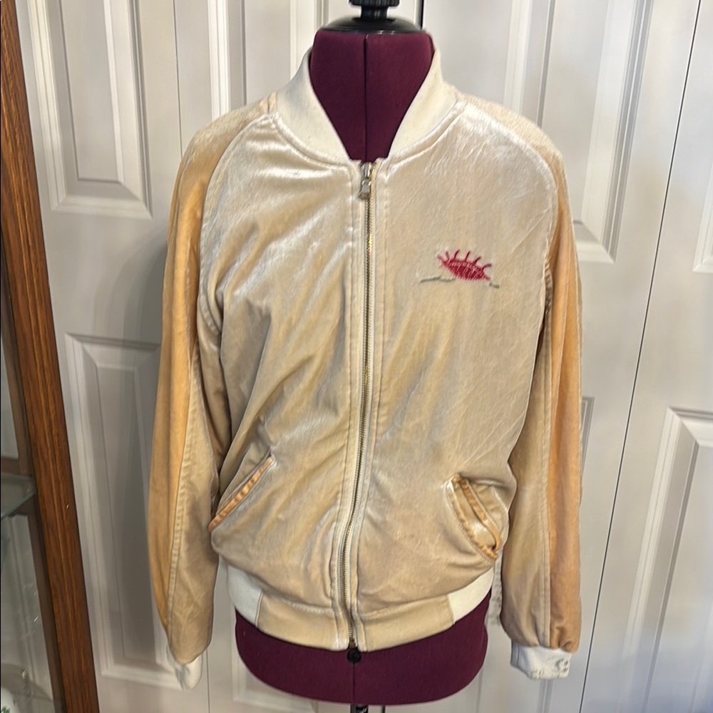 Silence + Noise Cream Velour Track Jacket with Red Accent